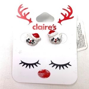 Claire’s Holiday Pierced Earrings-Santa Kitty Cat Studs, Red/White, NWT